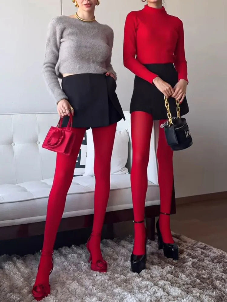 Women Bodycon Super Elastic See Through Lace Pantyhose Autumn Sexy Slim Elegant Burgundy Tights Winter