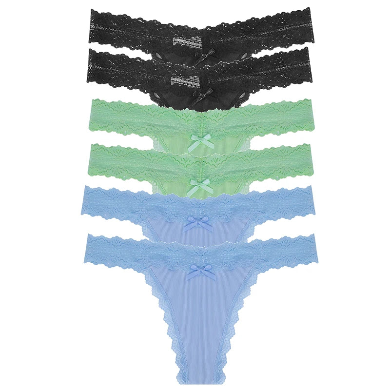 6pcs/set Perspective Floral Panties Women Lace Thongs Low Waist Comfortable Solid Ladies G-string Bow Female Sexy Underwear