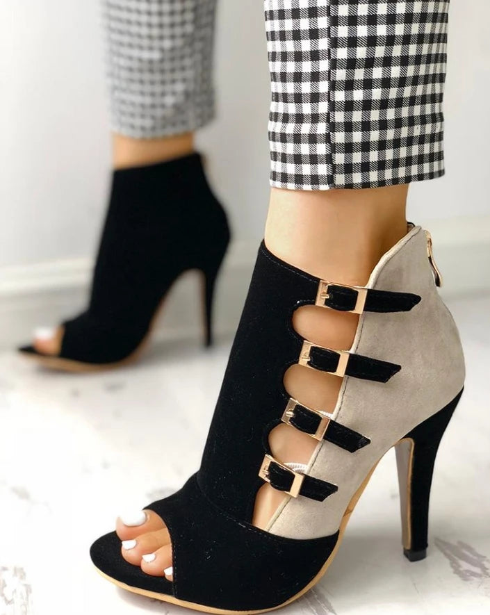 Colorblock Splicing Hollow Out Buckled Thin Heels