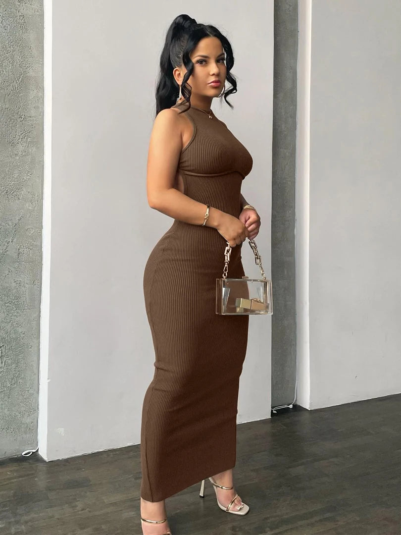 Ribbed Solid Hollow Out Backless Sleeveless Sexy Slit Mini Bodycon Dress 2025 Spring Women Outfits Elegant Party Y2K