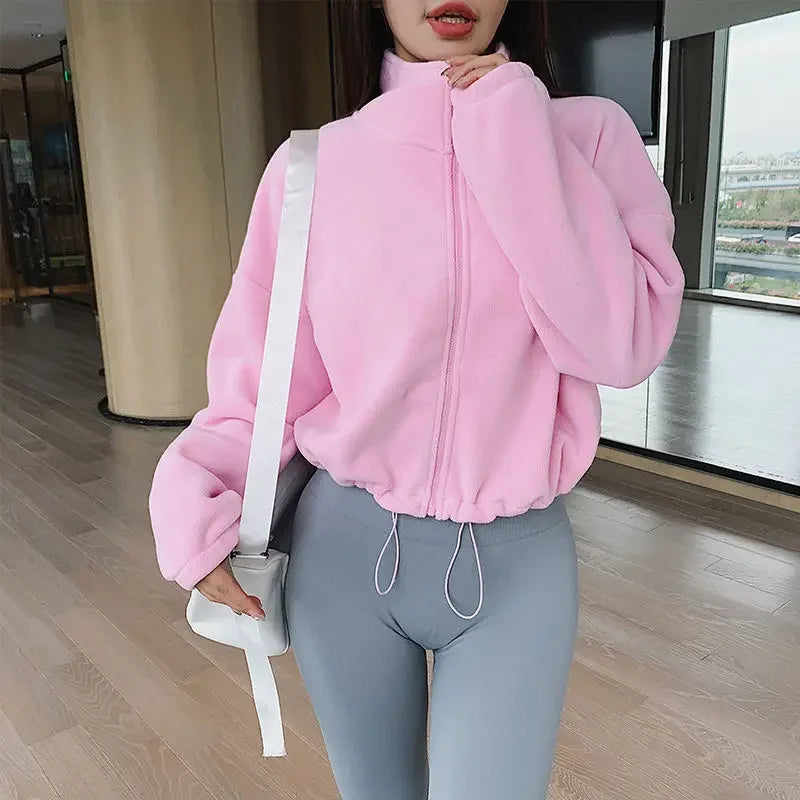 Women Loose Cropped Jacket Loose Zipper Sweatshirt Long Sleeve Coat Cardigan Sportswear Streetwear Drawstring Tops Clothing