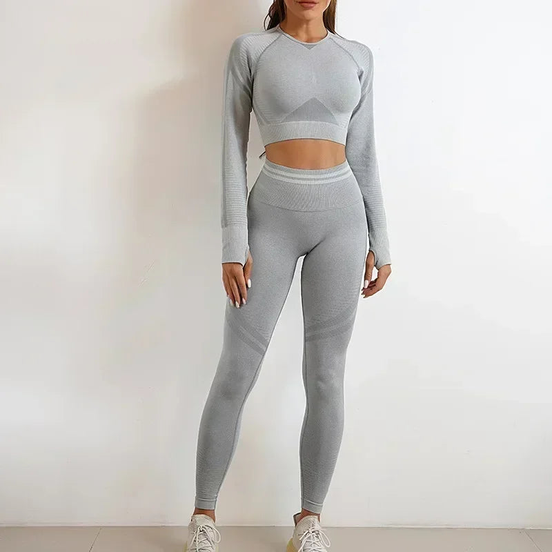 Seamless Yoga Sets Sports Fitness High Waist Hip Raise Pants Long-Sleeved Backless Suit Workout Clothes Gym Shorts Set for Women