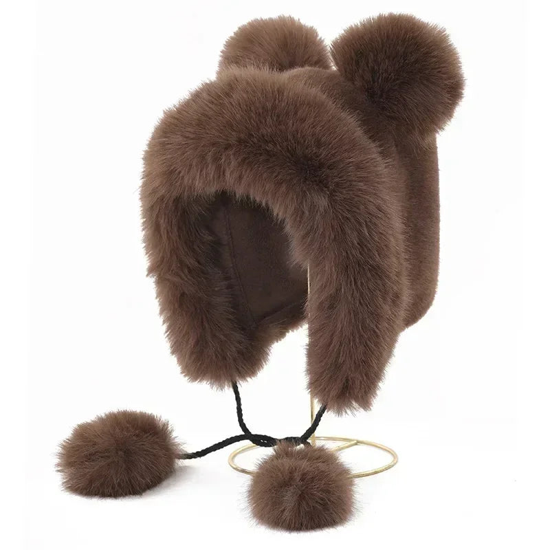 Women Cute Bear Ear Kawaii Fox Fur Hat Imitation Mink Plush Winter Warm Thickened