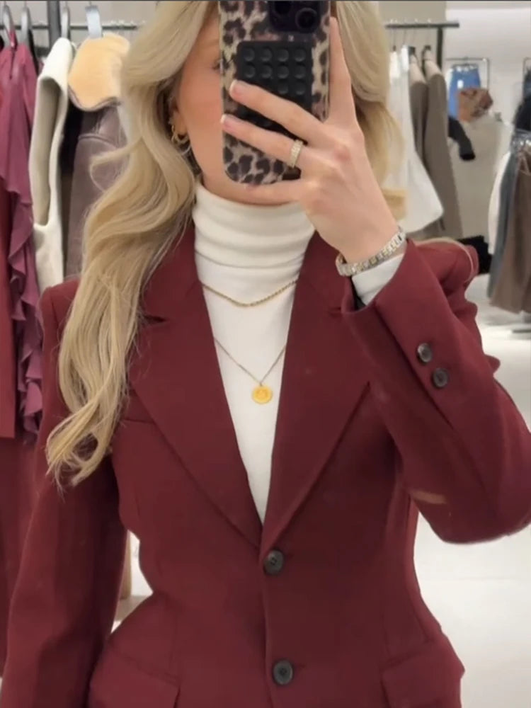 Burgundy Red Long Suit Coat Women Lapel One Button Full Sleeve Pocket Female Blazer Spring Autumn Lady Office Outwear