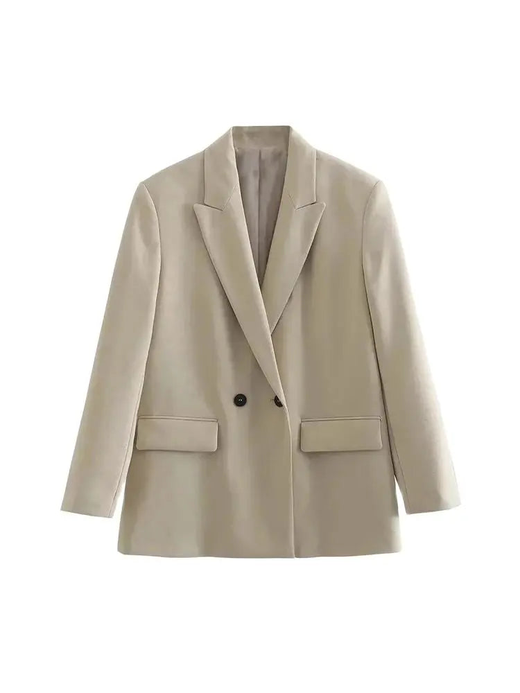 Women Fashion Double Breasted Loose Fitting Blazer Coat Vintage Long Sleeve Pockets Female Outerwear Chic