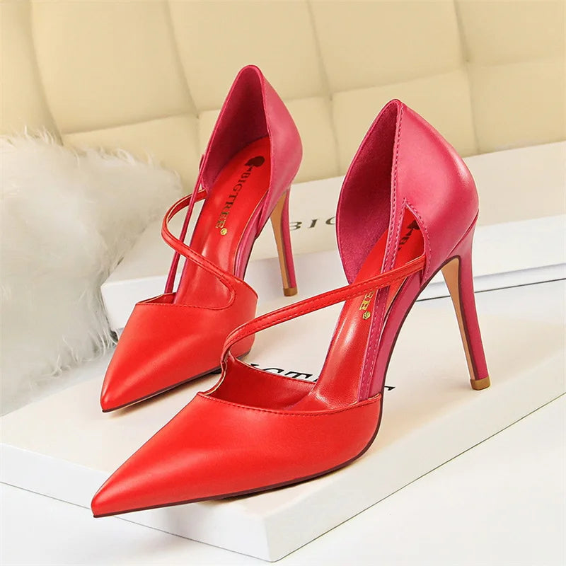 New Summer Women Fashion Sweet Pointed Toe High Heel Sandals Patchwork Hollow Party Ankle Strap Yellow Pink Single Shoes