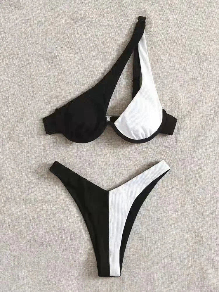 2024 Summer Brazilian String Bikinis Women Push Up Swimsuit One Shoulder Patchwork Beachwear Swimwear Underwire Cut Out Swimming
