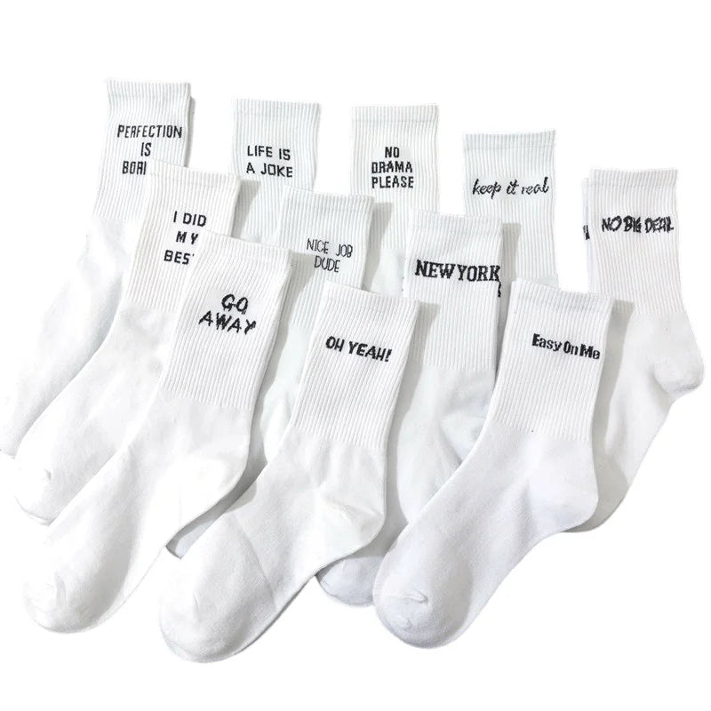 Simple European and American street letters white women's socks