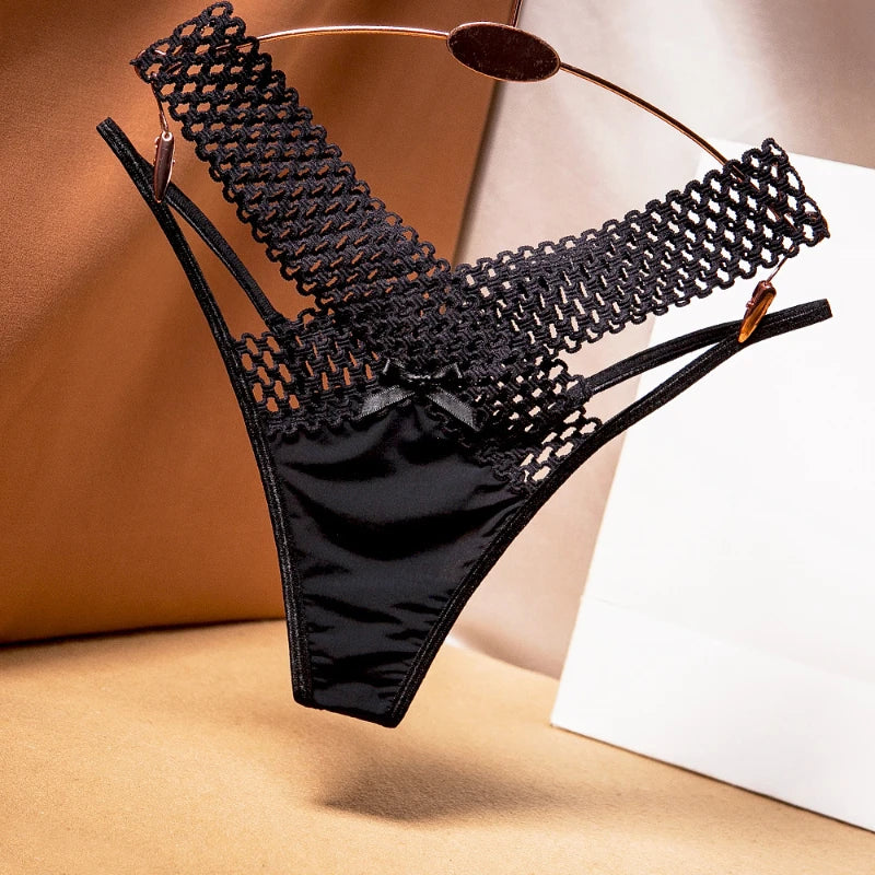 Women's Panties Cross Cut Ice Silk Thong Sports Fashion Perspective Low Waist Ribbons Sexy Lingerie Thongs
