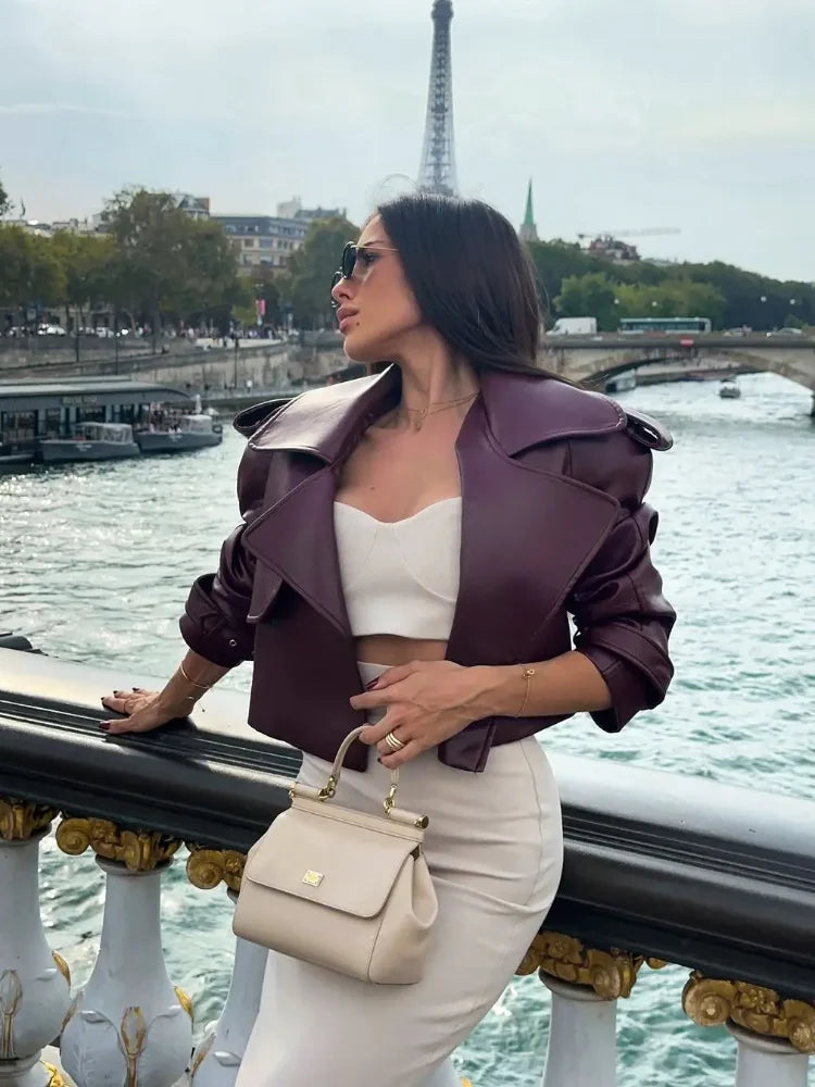 New Women Burgundy Lapel Leather Jackets Fashion Casual Loose Pockets Long Sleeve Coats Spring Female High Street Outerwear