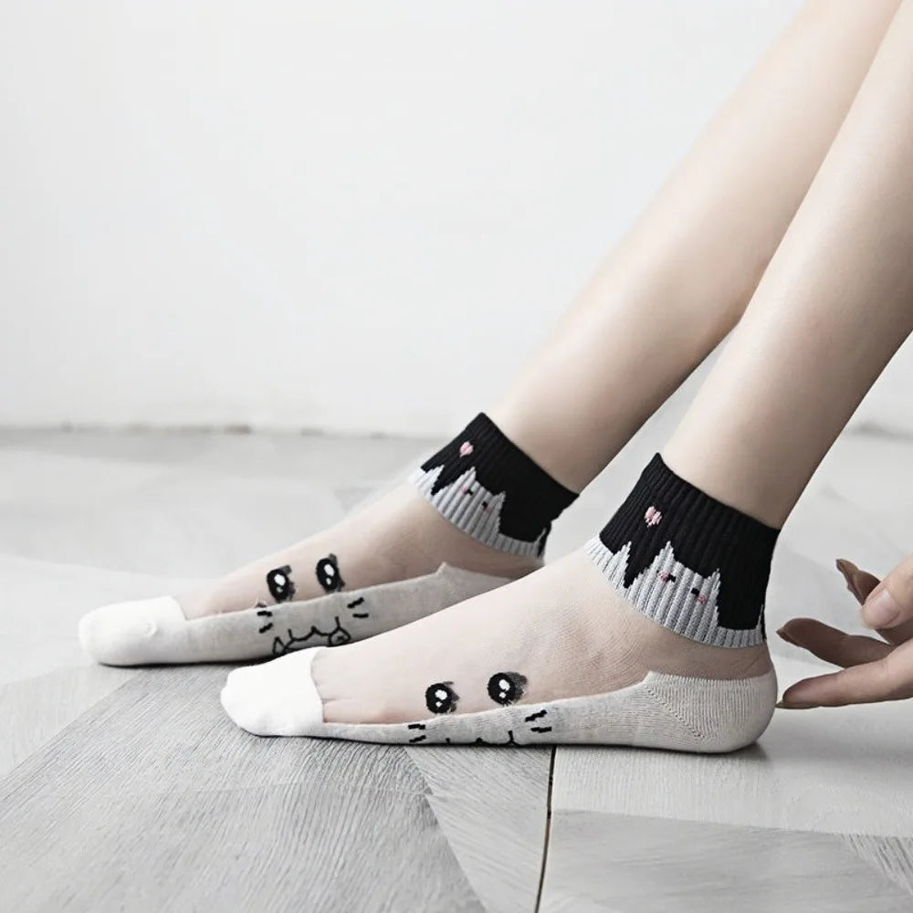 5Pairs Black and white cat women's socks, glass fiber breathable sweat absorbing , wear-resistant and odor proof summer socks