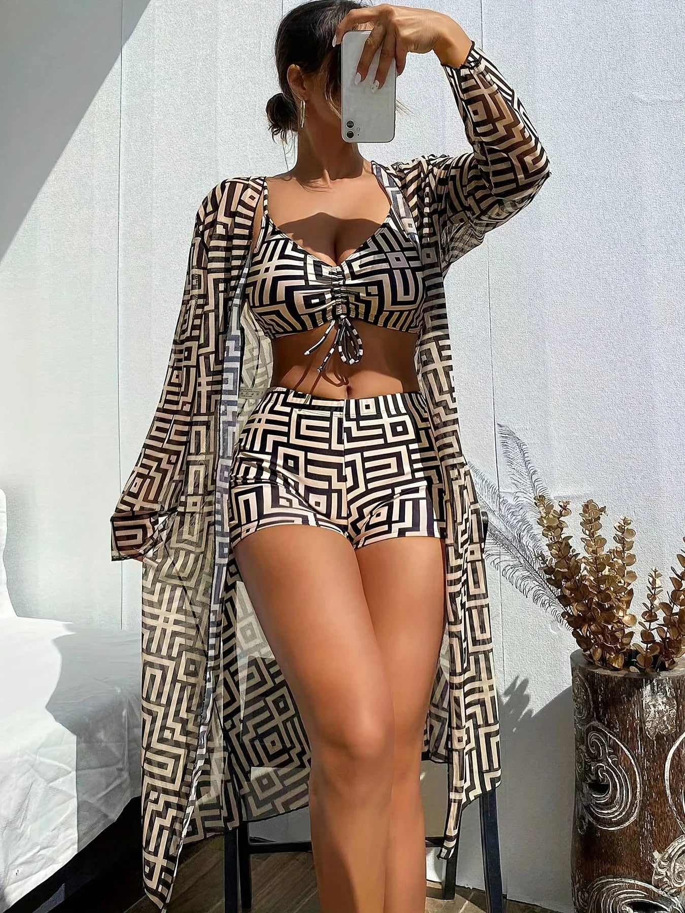 Chic Three-Piece Swimsuit Set Geometric Print, Long Sleeve Beach Cover-Up, Bikini Set for Swimming, Beachwear Swimwear Women