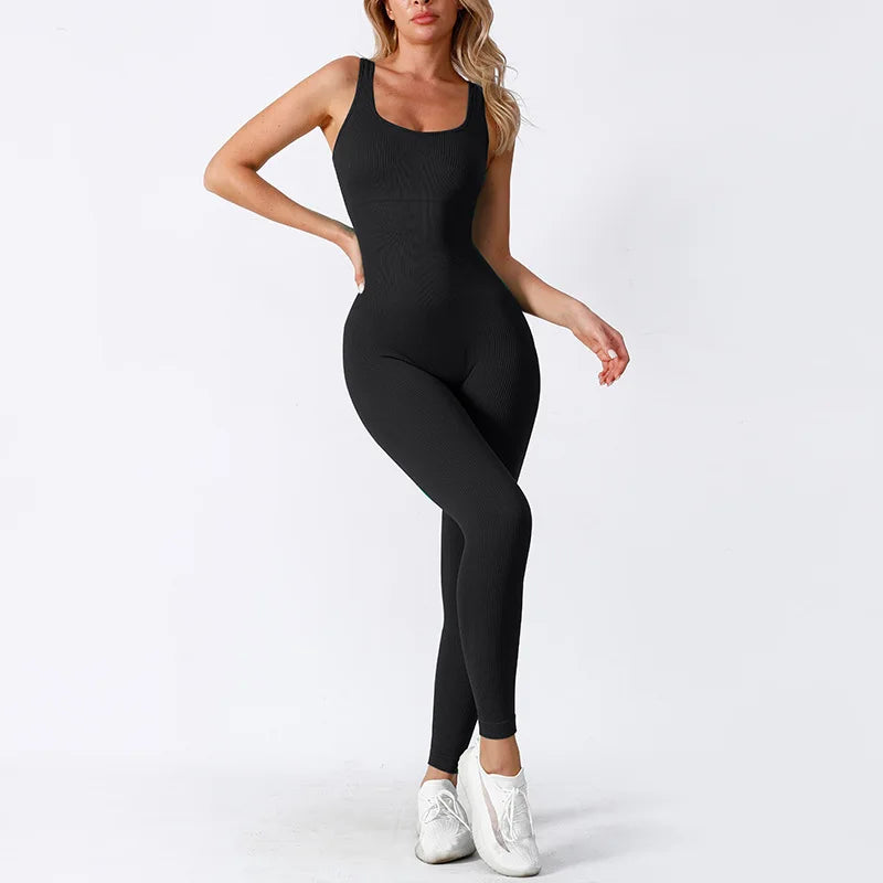 Women Workout Seamless Jumpsuit Yoga Ribbed Bodycon One Piece Square Neck Leggings Romper