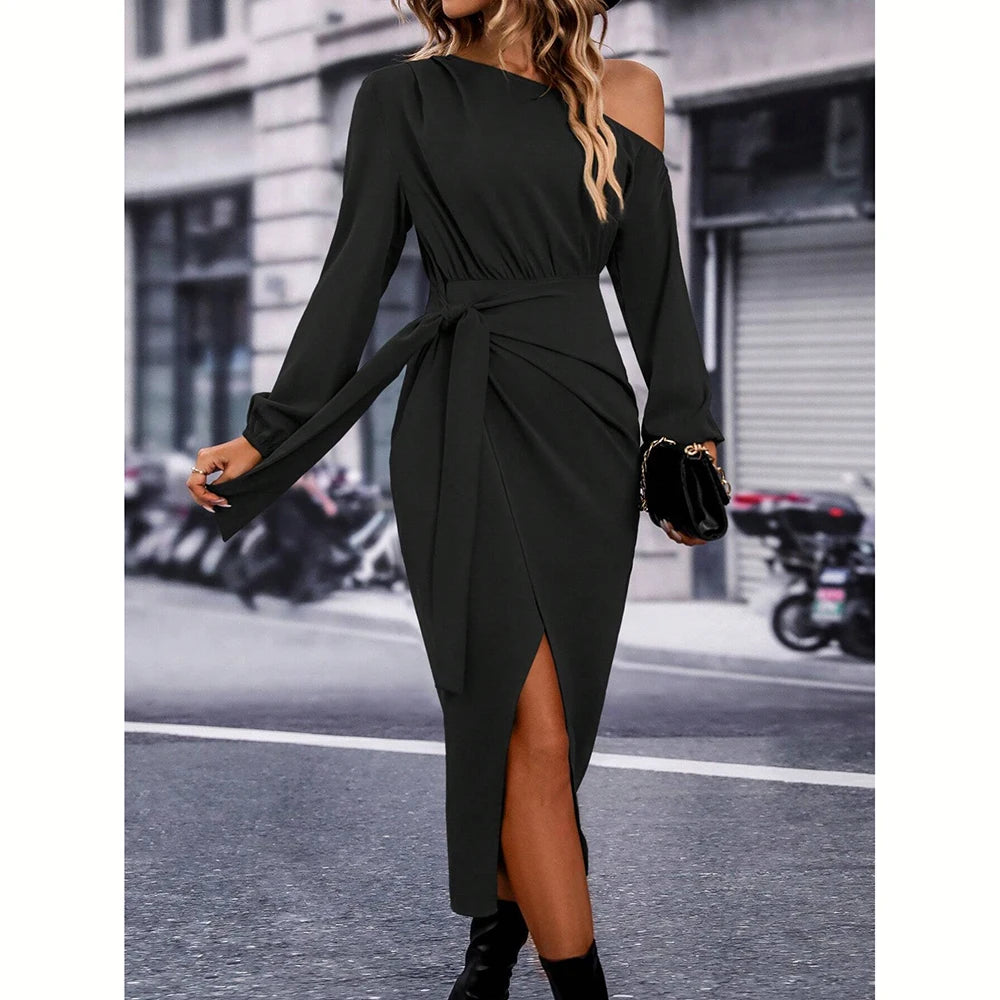 Women's Dresses All Season Elegant Plain Fold Asymmetrical Design Long Sleeve One-Shoulder MIDI Fashion Dresses