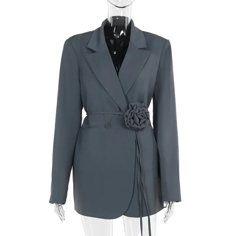 Fashion Flower Belt Blazers Office Women's Loose With Pockets Long Sleeve Coat Solid Color Casual Blazers Spring New