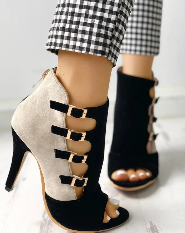 Colorblock Splicing Hollow Out Buckled Thin Heels
