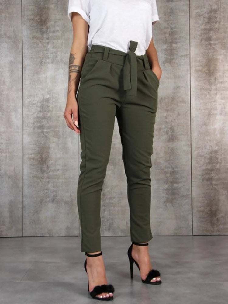 Girl Spring Summer Autumn Casual Slim Chiffon Thin Pants For Women High Waist Black Khaki Green Pants Woman Trousers