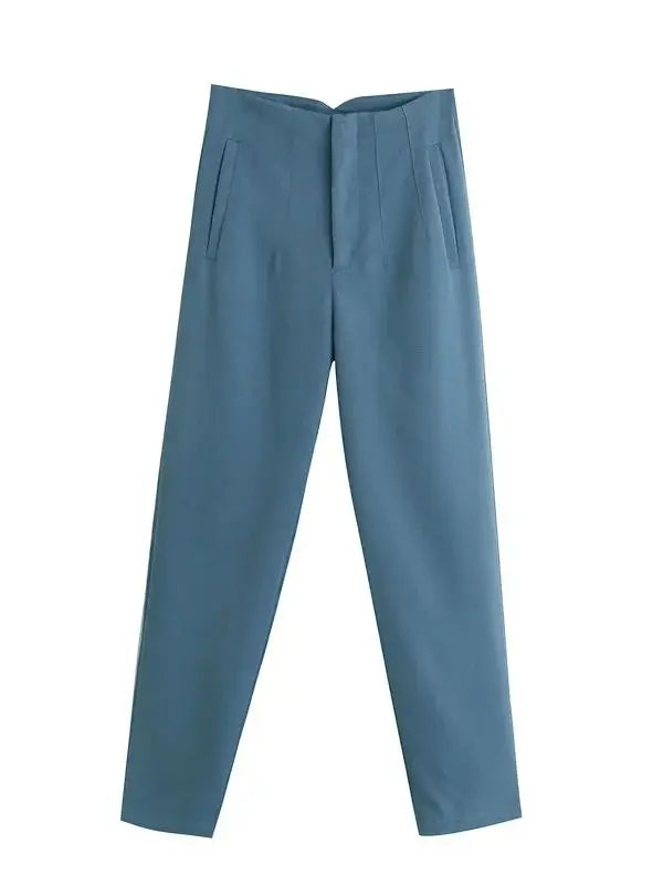 Women Light Blue Chic Fashion Office Wear Straight Pants Vintage High Waist Zipper Fly Female Trousers Fashion 2025 Pants