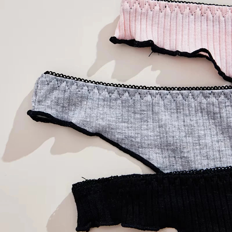 3Pcs Ribbed Cotton Thong Panties Women's Sexy Low Rise G-String Lingerie Cute Bow Underwear Set Breathable Comfort Solid Color