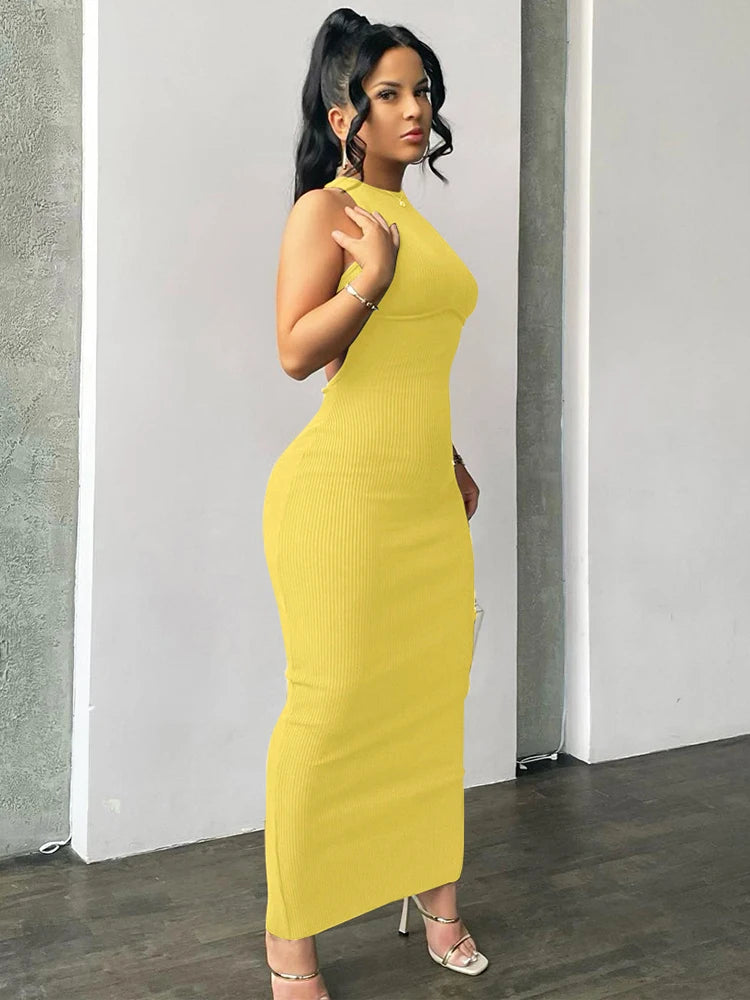 Ribbed Solid Hollow Out Backless Sleeveless Sexy Slit Mini Bodycon Dress 2025 Spring Women Outfits Elegant Party Y2K