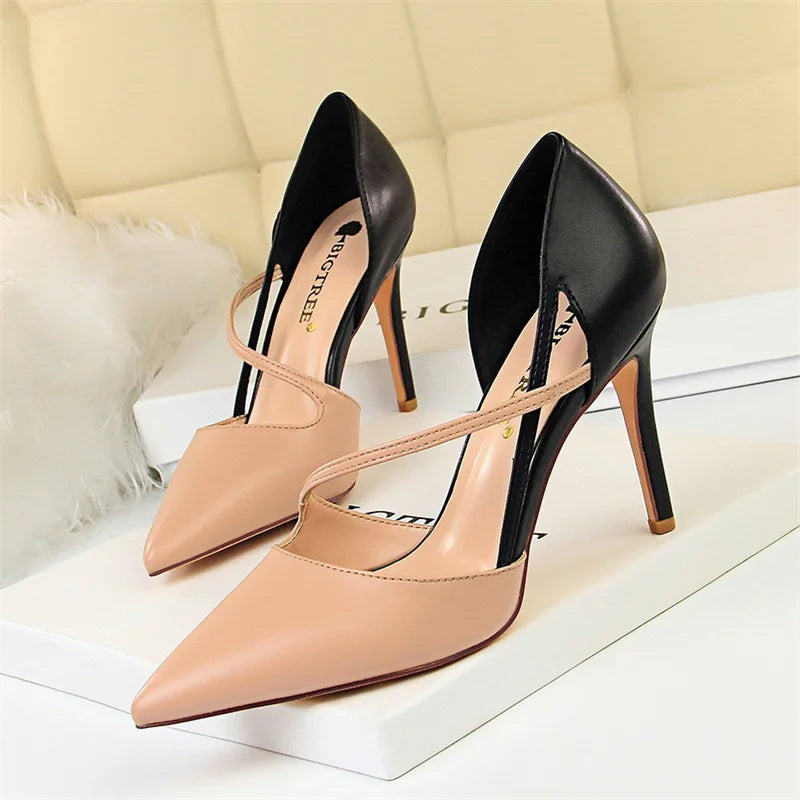 New Summer Women Fashion Sweet Pointed Toe High Heel Sandals Patchwork Hollow Party Ankle Strap Yellow Pink Single Shoes