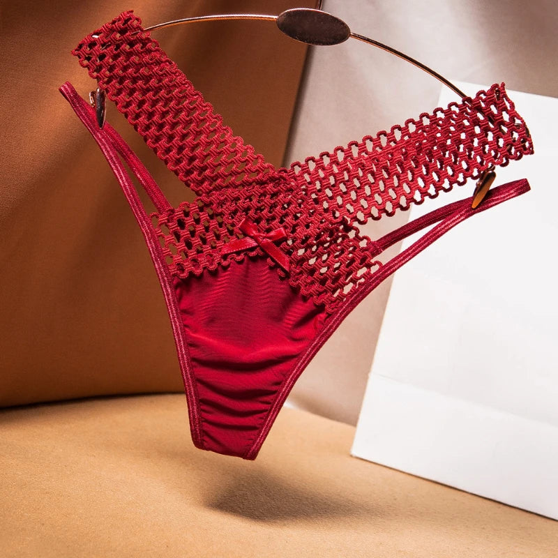 Women's Panties Cross Cut Ice Silk Thong Sports Fashion Perspective Low Waist Ribbons Sexy Lingerie Thongs
