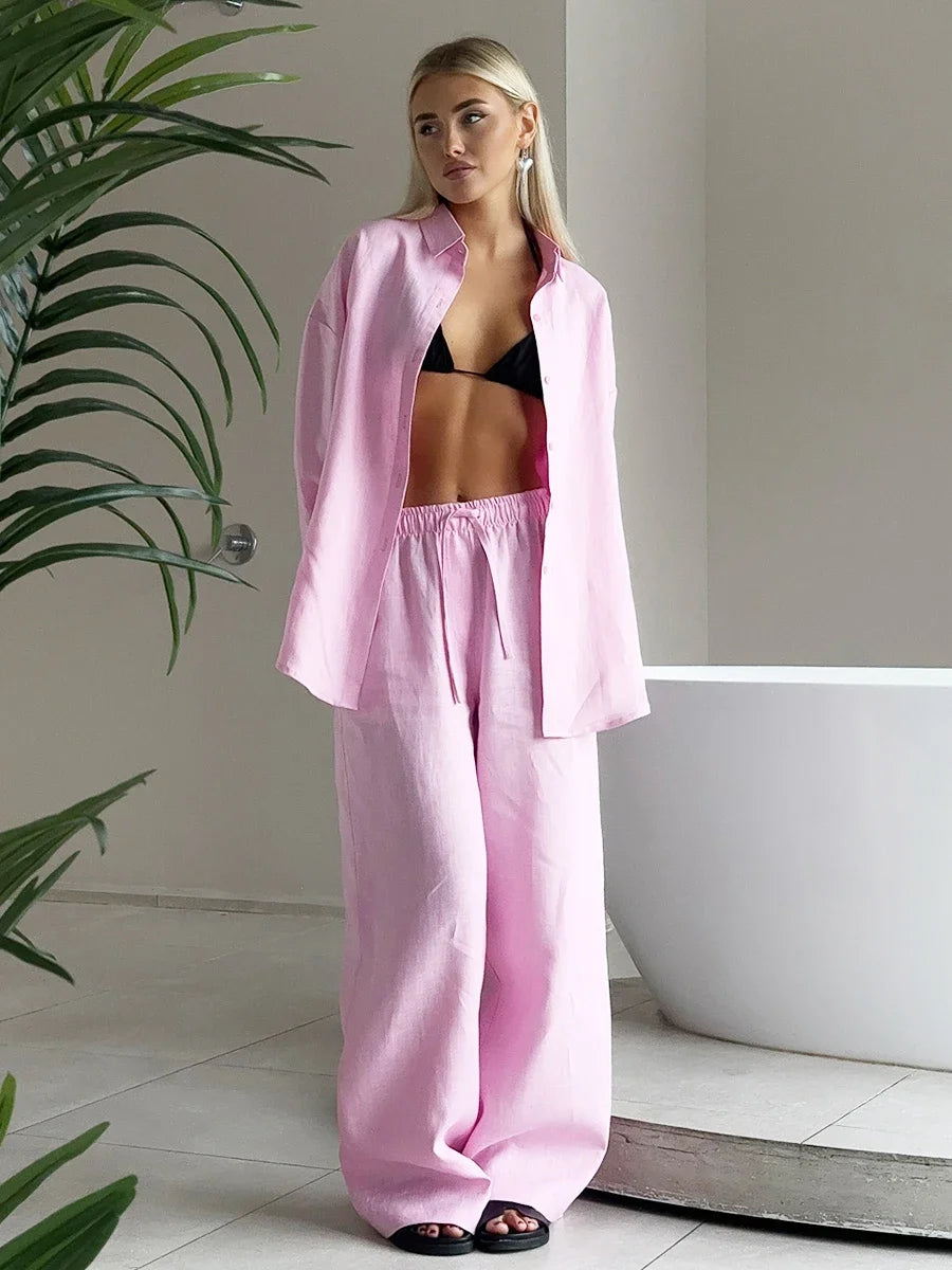Women Casual Solid Cotton Linen Pants Sets Chic Lapel Single Breasted Long Sleeve Shirt Elasticity Waist Trousers New Two Piece Set
