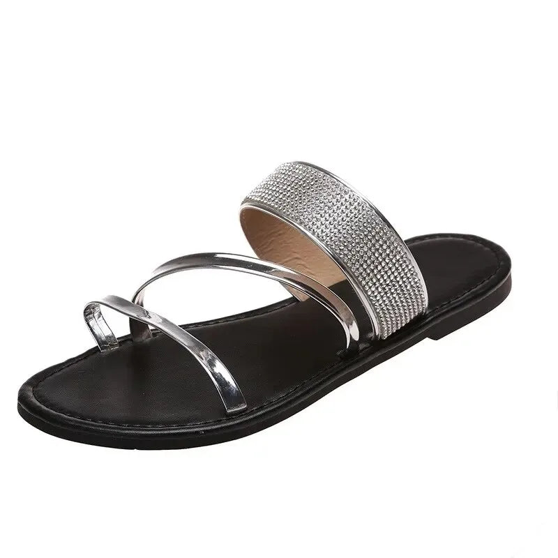 Summer for Women Flat Sandal Sparkle Rhinestone Slide Trendy Women's Beach Sparkly Dressy Slip on Bling Casual