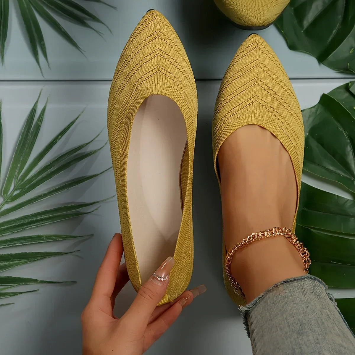 New Open Shoe Flat Office Boot Solid Color Knitted Slip On Shoes Casual Ballet Flats Shoes Women