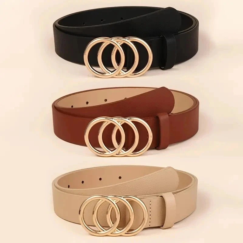 1pc Women Belt Trend Triple Round Buckle Belt Simple Versatile Youth Belt PU Leather Belt Combined With Jeans Dress Women's Belts