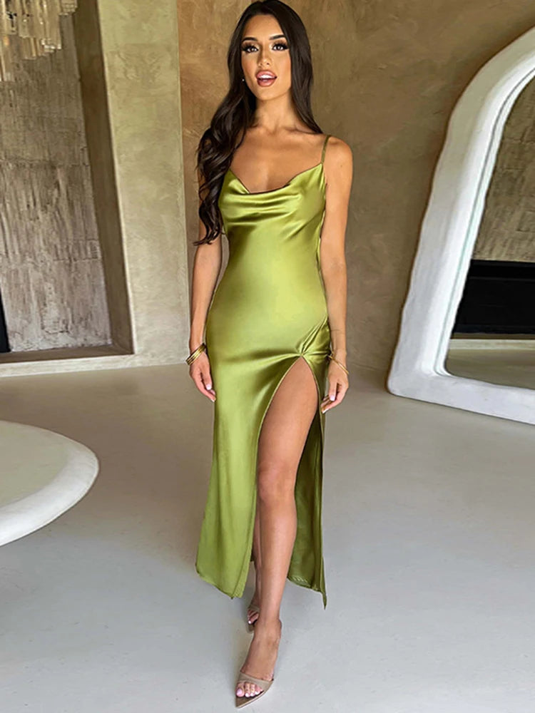 Lace Up Backless Satin Strap Maxi Dress For Women Side Slit Bodycon Sexy Party Elegant Birthday Evening Outfits Summer