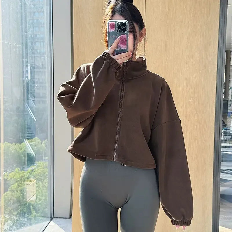 Women Loose Cropped Jacket Loose Zipper Sweatshirt Long Sleeve Coat Cardigan Sportswear Streetwear Drawstring Tops Clothing