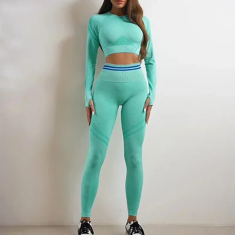 Seamless Yoga Sets Sports Fitness High Waist Hip Raise Pants Long-Sleeved Backless Suit Workout Clothes Gym Shorts Set for Women