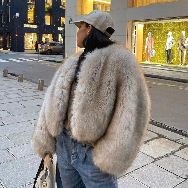 Women Warm Furry Long Sleeve Loose V Neck Female Outerwear Autumn Winter Fashion Street All Match Lady Overcoat