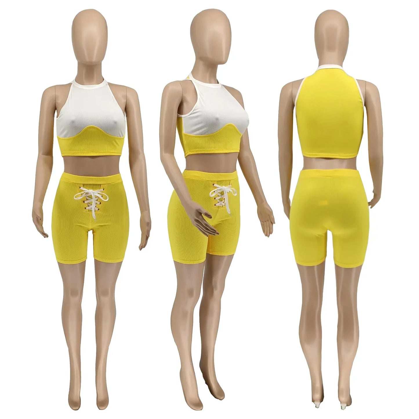 Elegant Knit Women's Set Patchwork Tank Top and Lace Up Shorts Tracksuit Two 2 Piece Set Fitness Outfit Sweatsuit