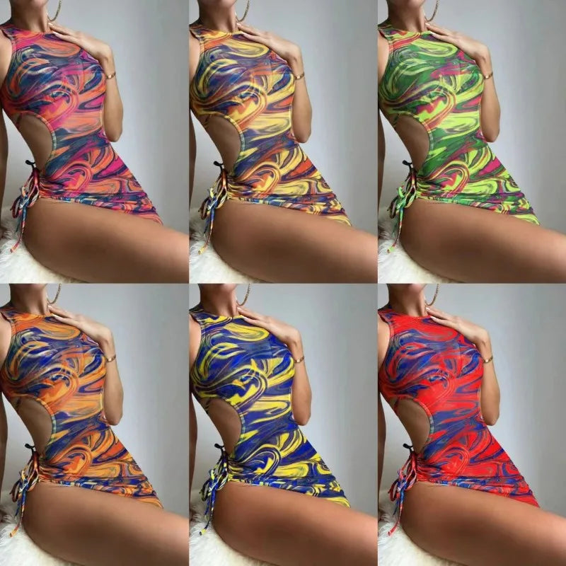 Fashion and Sexy Bikini Three Piece Set with Hollow Out Straps and Drawstring Luxury Tie Dye Swimsuit Bathing Suit Women 수영복