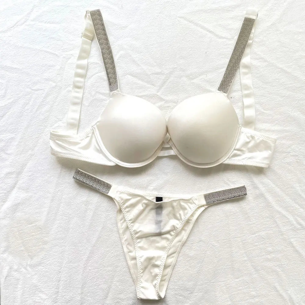 Satin Letters Rhinestone Underwear 2 Piece Set Sexy Underwear Panty Set Comfortable Push Up Bra Women Brand Underwear