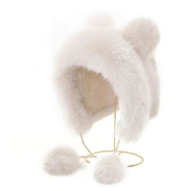 Women Cute Bear Ear Kawaii Fox Fur Hat Imitation Mink Plush Winter Warm Thickened