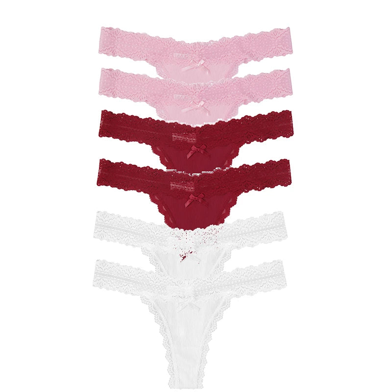 6pcs/set Perspective Floral Panties Women Lace Thongs Low Waist Comfortable Solid Ladies G-string Bow Female Sexy Underwear