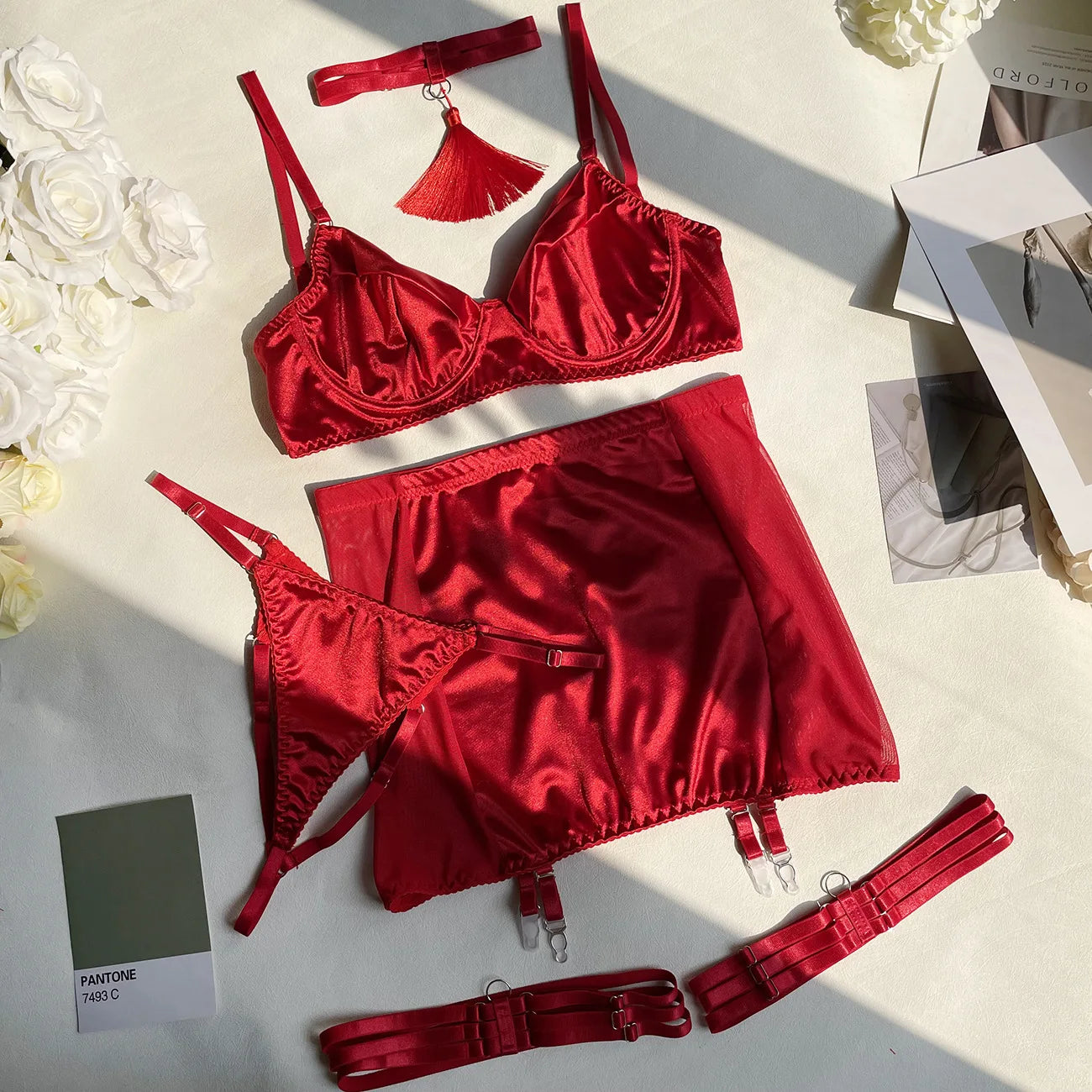 Fine Satin Lingerie Sexy Underwear Lace 5-piece Sissy Seamless Intimate Uncensored Skirt Fancy Bra and Panty Outfits