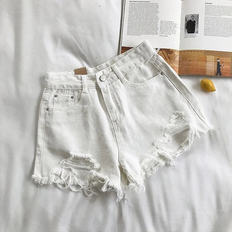 Women Summer Fashion Casual High Waist Ripped Jeans Pocket Tassel Y2K Hot Pants Streetwear Blue Trousers