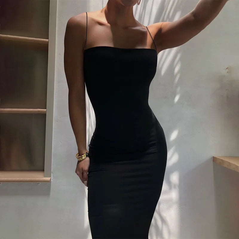 Autumn Winter Women Solid White Black Strap Midi Dress Bodycon Sexy Streetwear Party Club Elegant Fashion Clothes