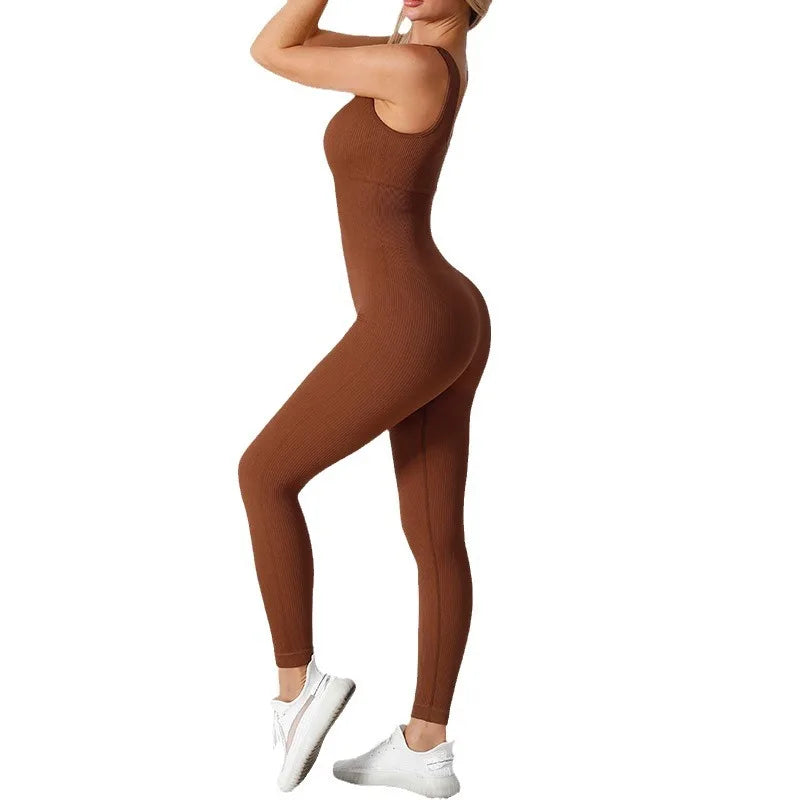 Women Workout Seamless Jumpsuit Yoga Ribbed Bodycon One Piece Square Neck Leggings Romper