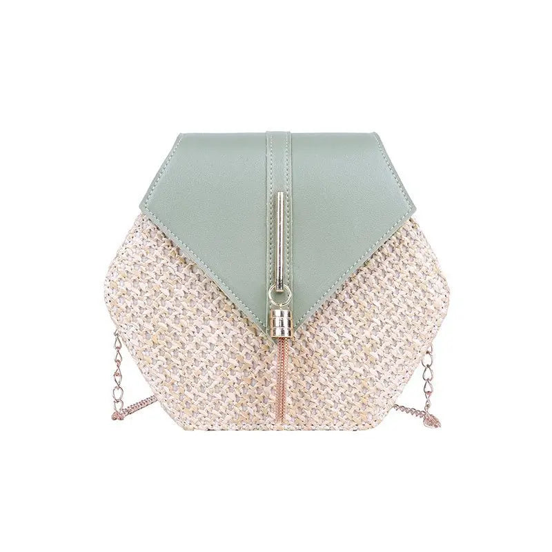 Hexagon Shape Straw PU Leather Handbag Women Summer Rattan Bag Handmade Woven Beach Bohemia Chain Strap Shoulder Crossbody Bags