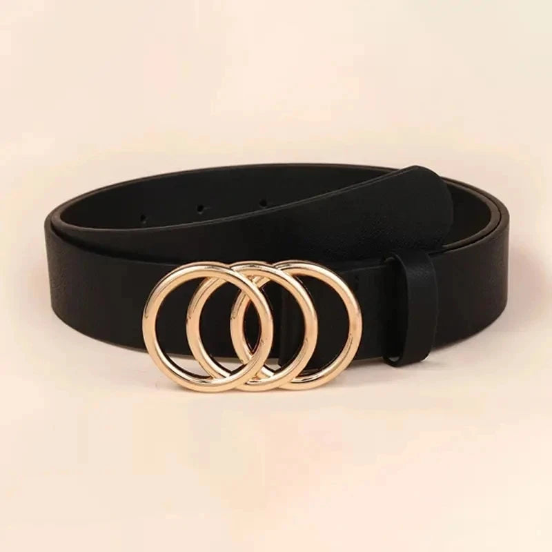 1pc Women Belt Trend Triple Round Buckle Belt Simple Versatile Youth Belt PU Leather Belt Combined With Jeans Dress Women's Belts