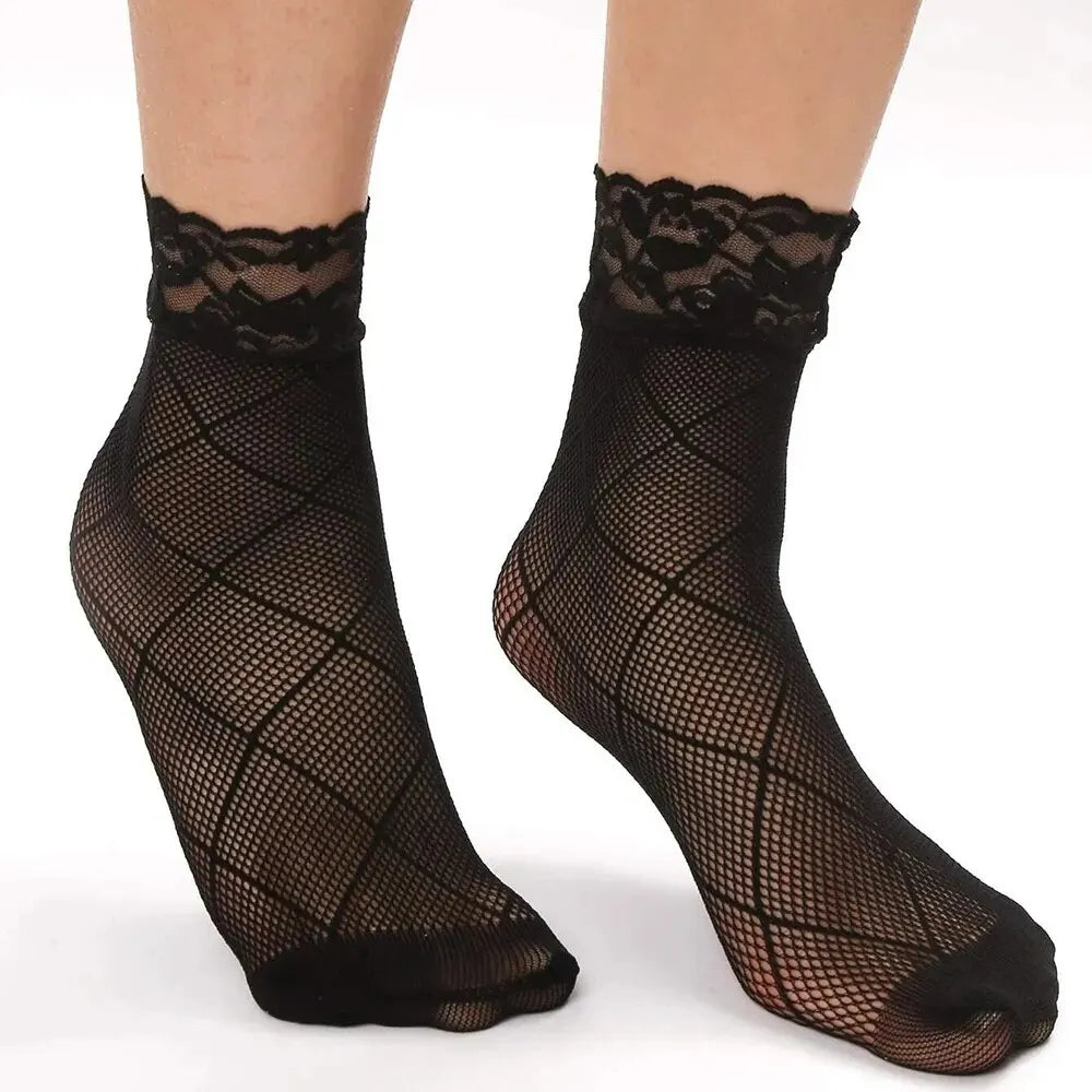 5 Pairs Vintage Lace Women's Socks Summer Mesh Elastic Transparent Ankle Socks Lolita Women's Versatile Fishing Net Black Socks