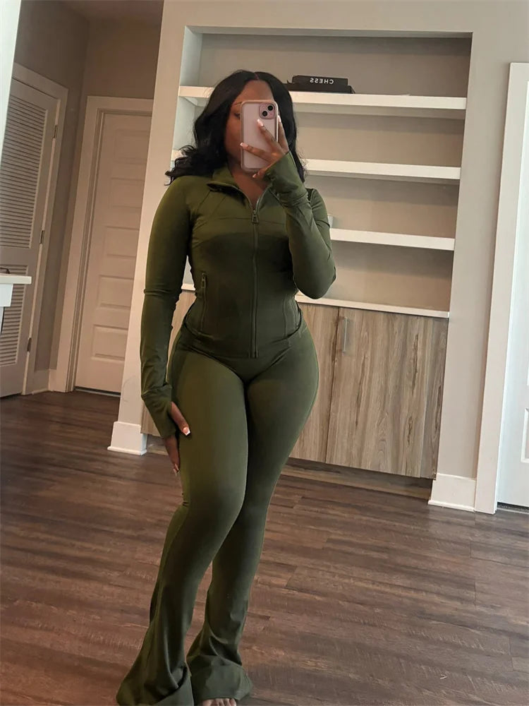 Autumn And Winter New Long Sleeves Zipper Crop top Suits Tracksuits Women's Suits Fashion Pants Female Soild 2 Piece Sets