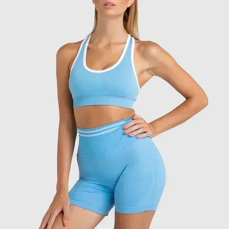 Seamless Yoga Sets Sports Fitness High Waist Hip Raise Pants Long-Sleeved Backless Suit Workout Clothes Gym Shorts Set for Women