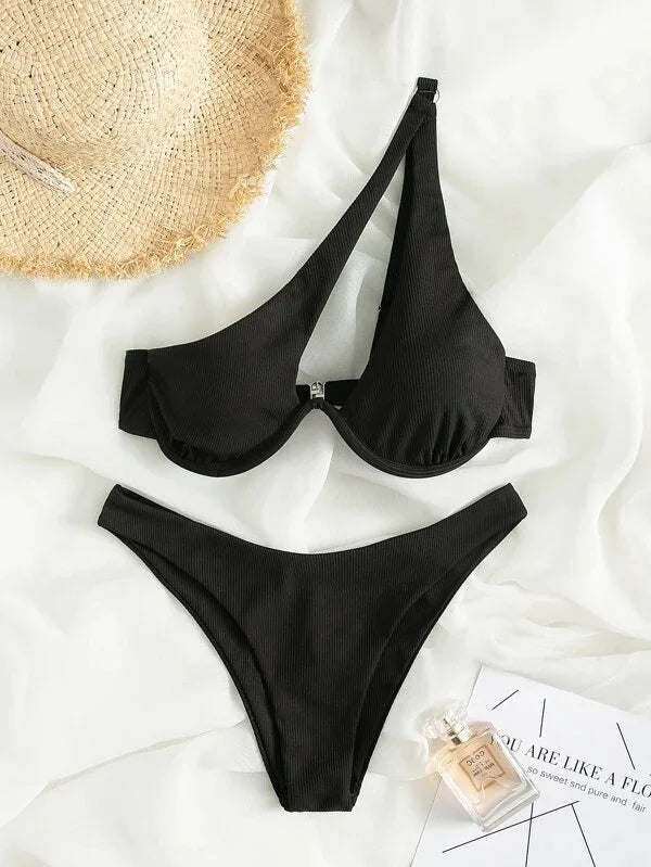 2024 Summer Brazilian String Bikinis Women Push Up Swimsuit One Shoulder Patchwork Beachwear Swimwear Underwire Cut Out Swimming