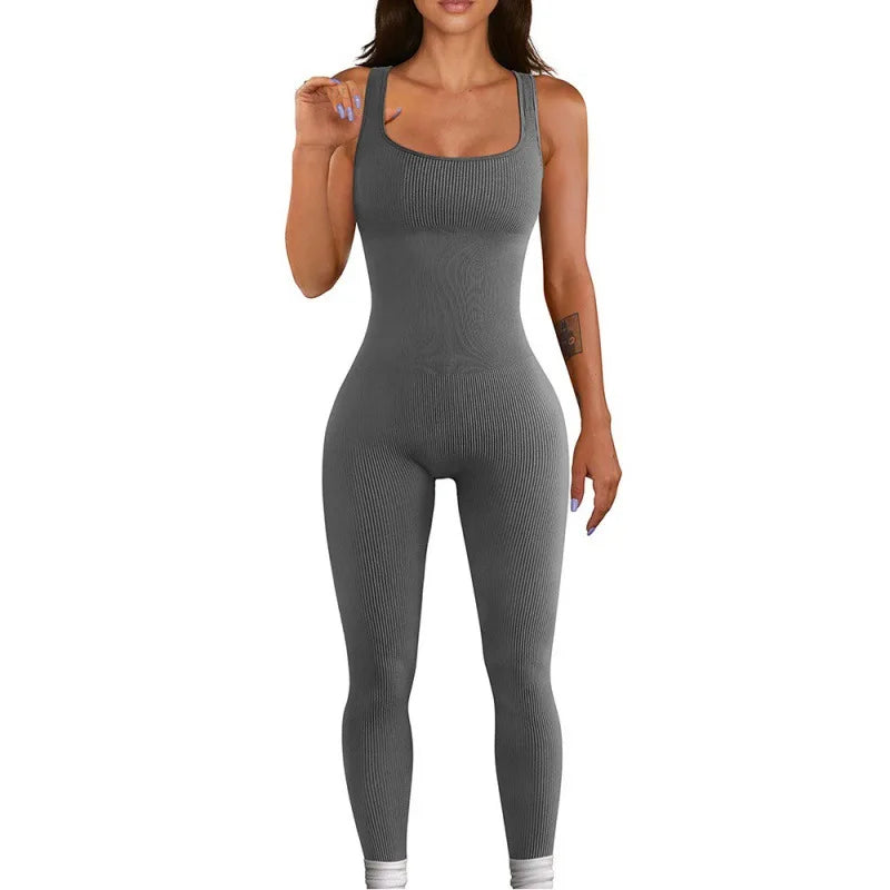 Women Workout Seamless Jumpsuit Yoga Ribbed Bodycon One Piece Square Neck Leggings Romper